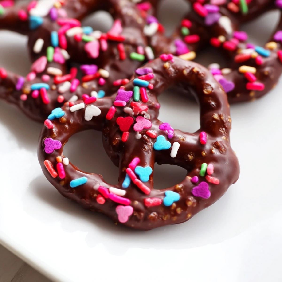 Chocolate covered pretzels with heart sprinkles glisten on a wooden board, perfect for a sweet and salty snack.