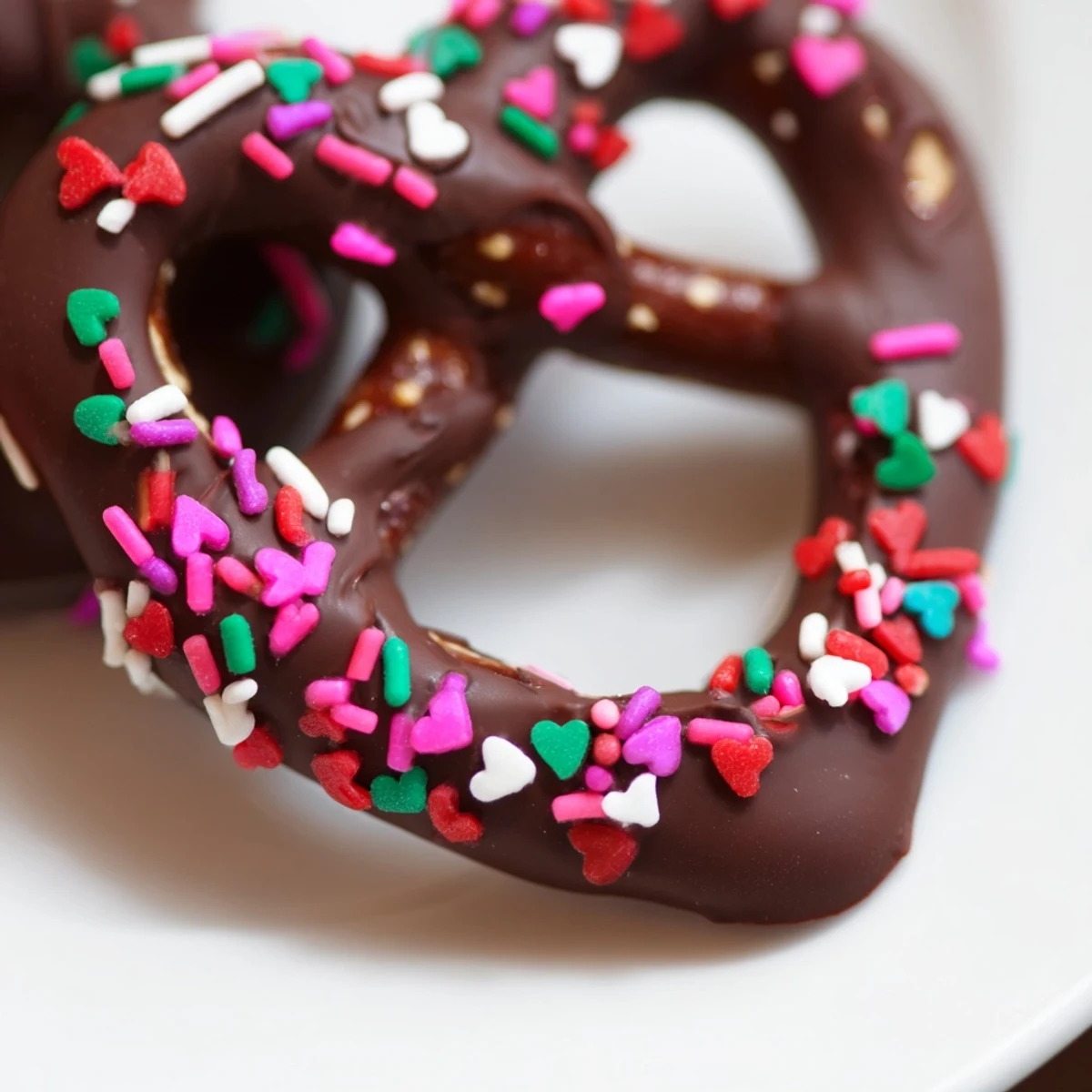 Festive chocolate covered pretzels with heart sprinkles are displayed in a bowl, ready for a celebration or party.