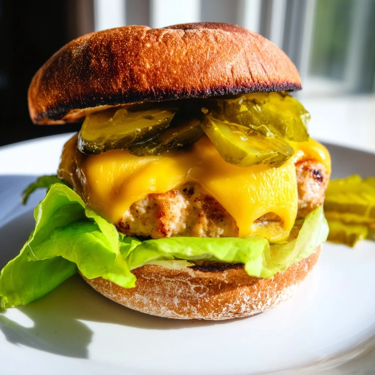 Close-up of a juicy turkey burger with melted cheese and tangy pickles on a toasted bun, served with ketchup.  