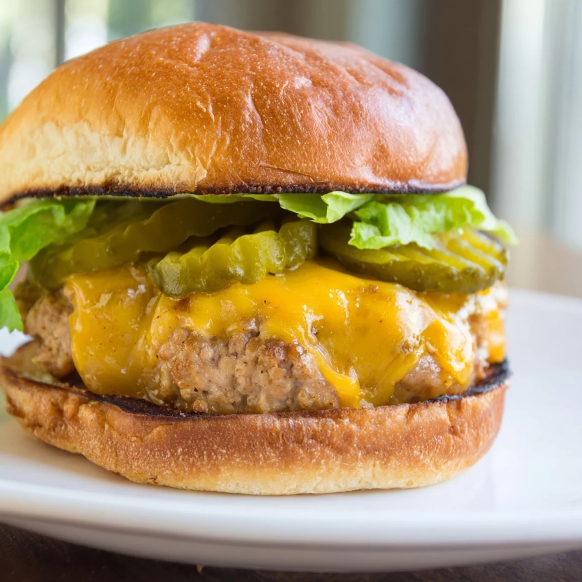 Turkey Burger with Cheese and Pickles on a plate, garnished with fresh veggies and a side of sweet potato fries.