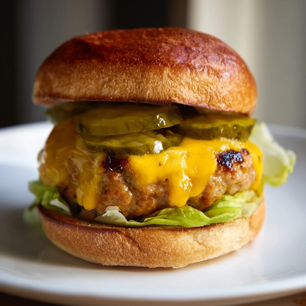 Golden turkey burger with cheddar and pickles on lettuce and tomato, perfect for a light yet flavorful lunch.  