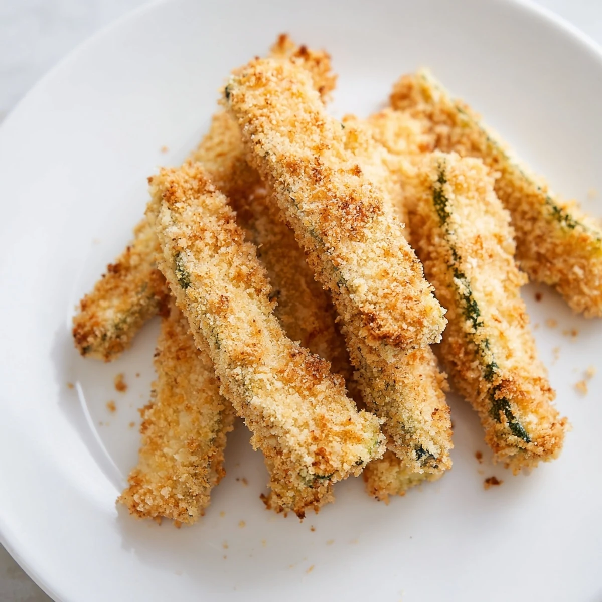 Close-up of crunchy Crispy Zucchini Fries with Parmesan, showing golden breading and herbs, served with a side of marinara.