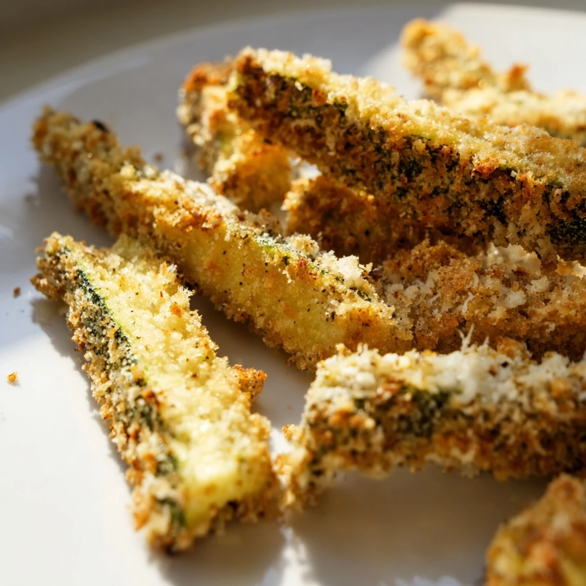 Freshly baked Crispy Zucchini Fries with Parmesan garnished with parsley, displayed on a rustic wooden board for a family snack.