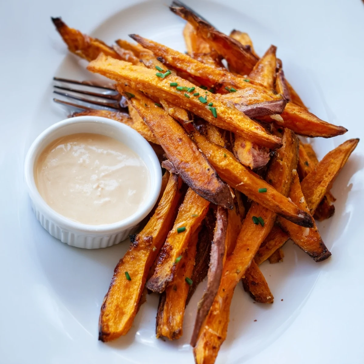 A close-up of crispy, oven-baked sweet potato fries served with a savory yogurt dipping sauce.  