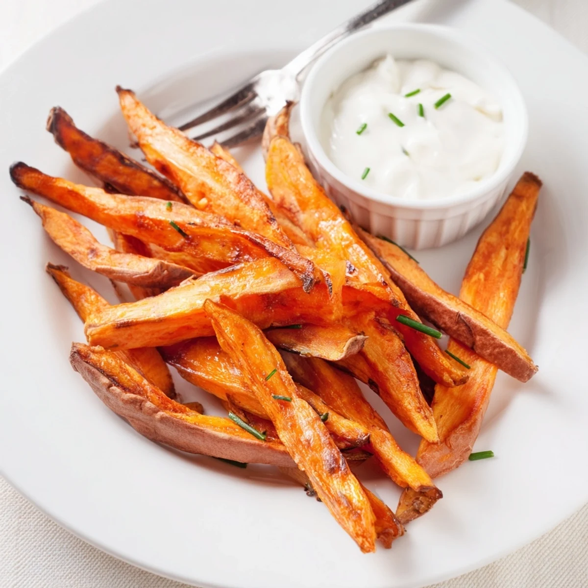 Roasted sweet potato fries on a platter with a creamy dip, ready for a healthy snack or side.