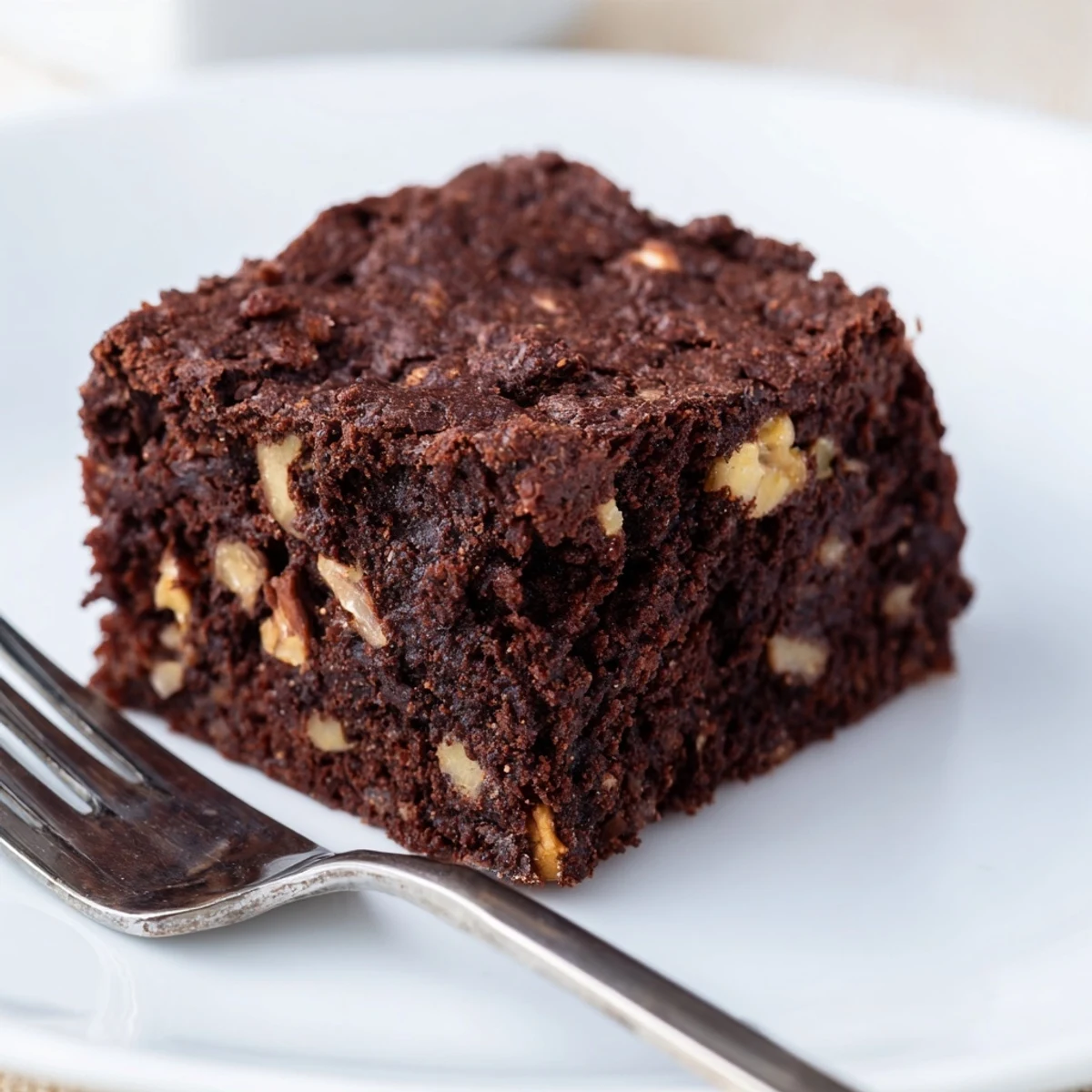A close-up of fudgy chocolate brownies with walnuts, baked to perfection in an 8x8 inch pan.  