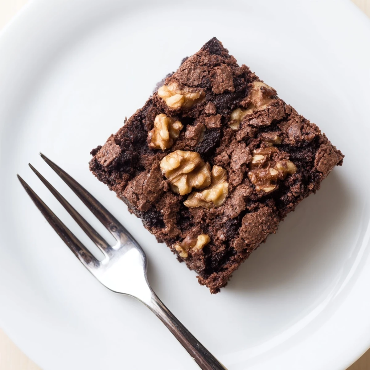 A square of walnut-studded chocolate brownie sits on a plate with a glass of milk.