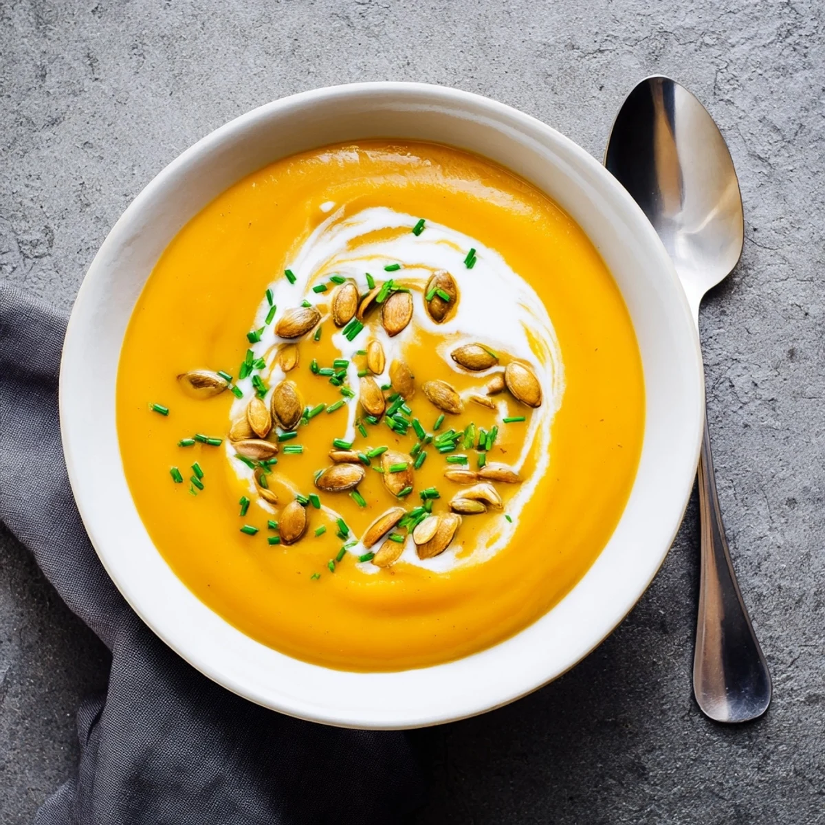 A bowl of creamy pumpkin soup with toasted seeds, drizzled with cream and fresh herbs.