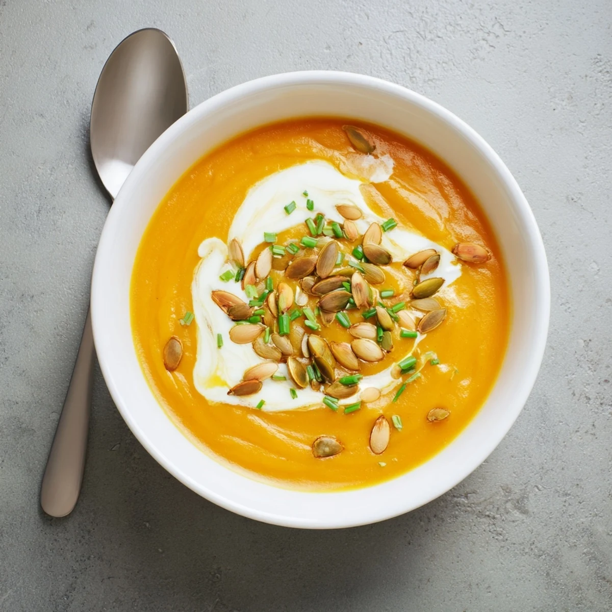 Creamy pumpkin soup with toasted seeds is served in a rustic bowl, garnished with chives.