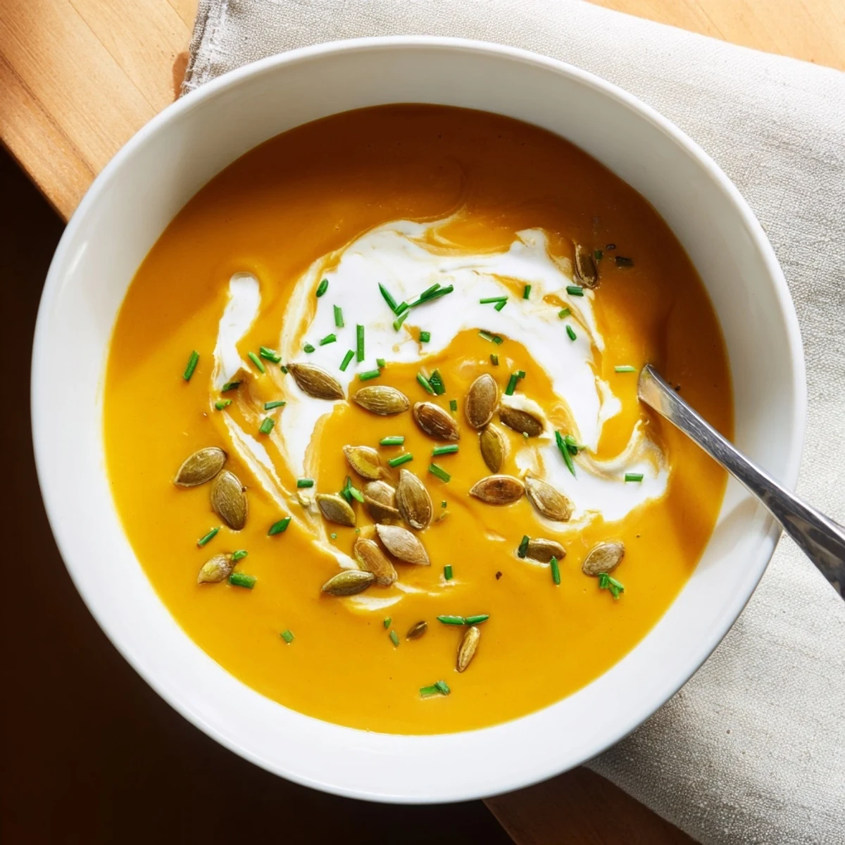 Creamy pumpkin soup with toasted seeds in a white bowl, ready to be enjoyed.