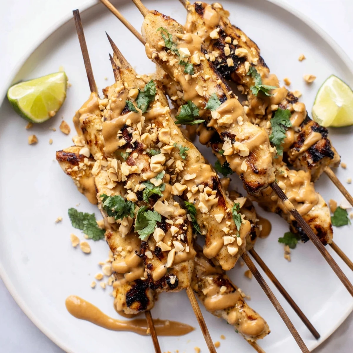 Golden-brown Chicken Satay Skewers with Peanut Sauce resting beside a bowl of creamy dip and fresh cilantro garnish.