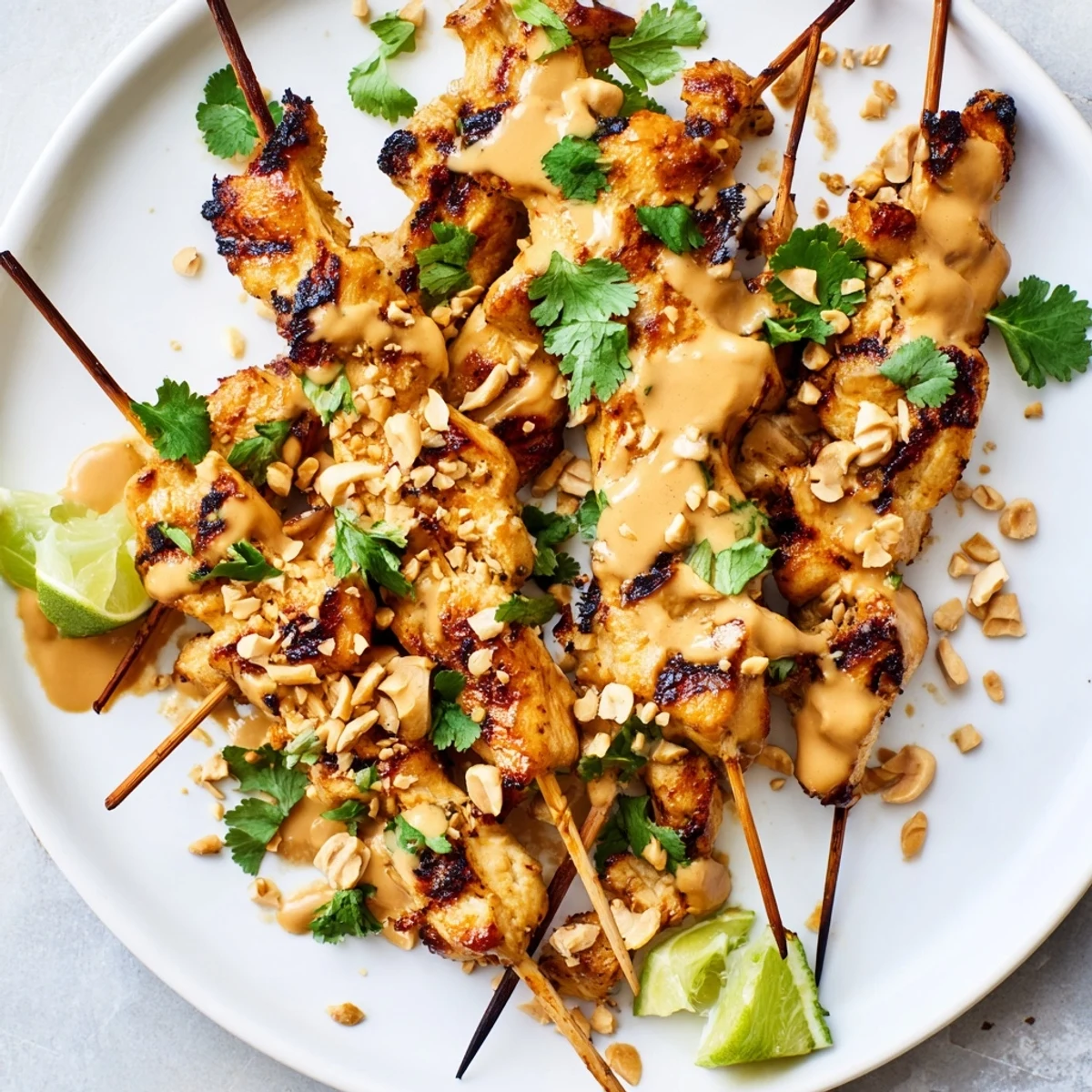 Grilled Chicken Satay Skewers with Peanut Sauce on a platter, garnished with lime wedges and chopped peanuts, perfect for a summer barbecue.