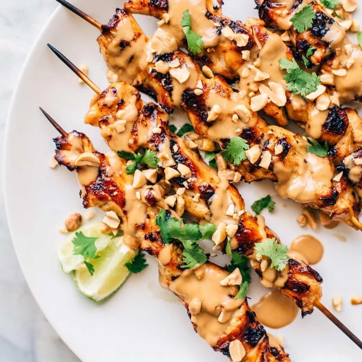 Sizzling Chicken Satay Skewers with Peanut Sauce arranged on a wooden board, drizzled with extra sauce and ready to serve.