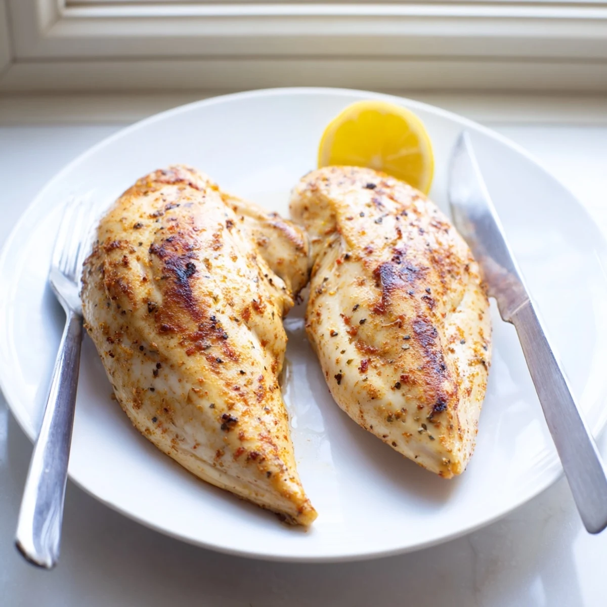 Spinach and feta stuffed chicken breast on a white plate with lemon wedges and a side salad.