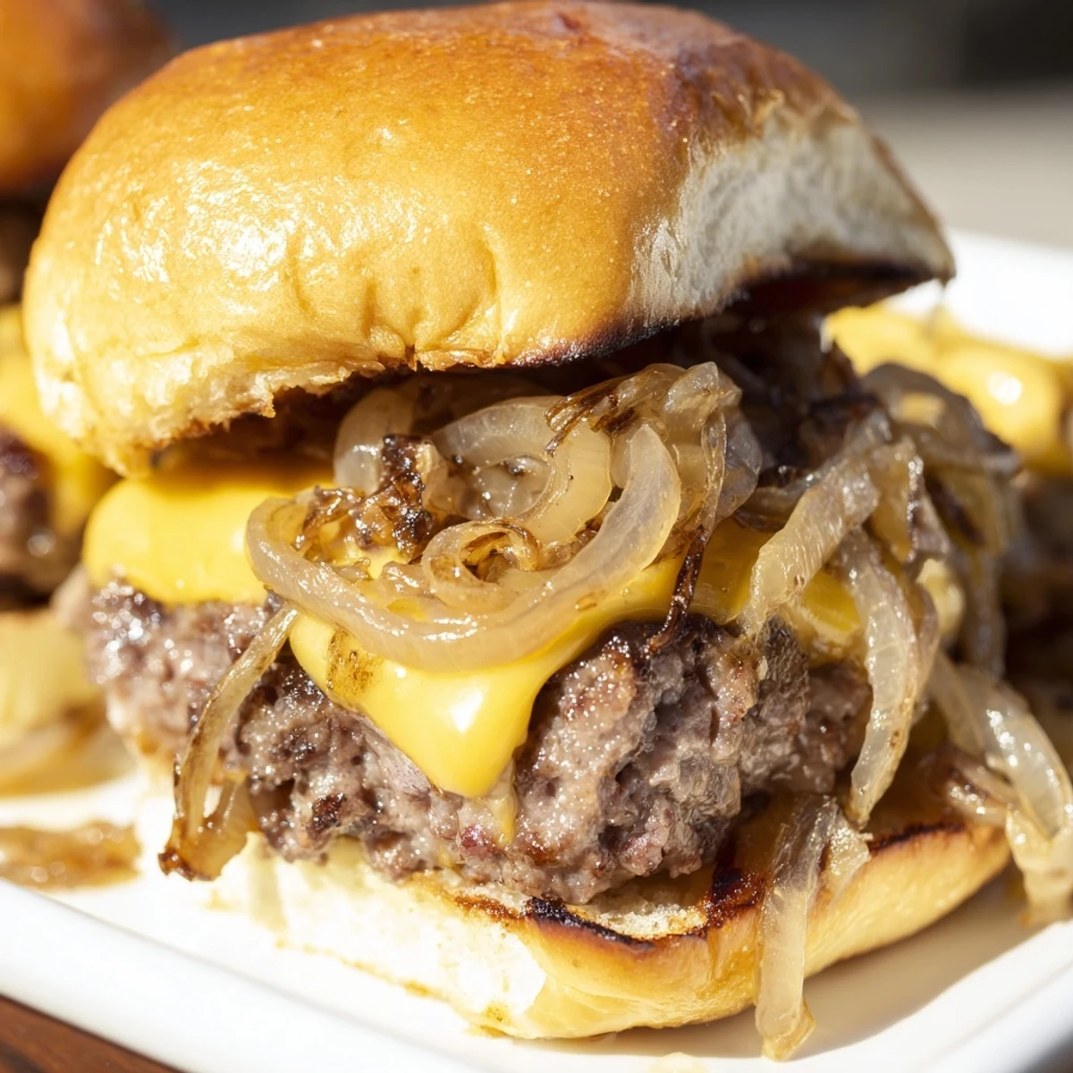 Golden-brown Beef Sliders with Caramelized Onions and Cheese, nestled in soft buns and garnished with fresh parsley.