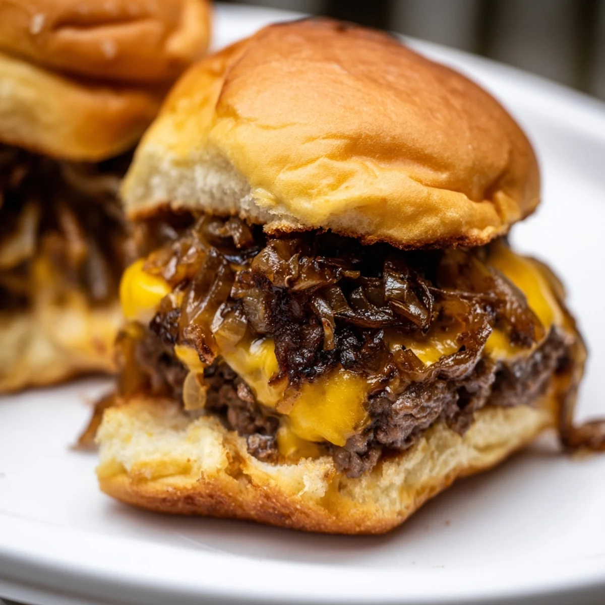 Warm Beef Sliders with Caramelized Onions and Cheese served on a wooden board, drizzled with tangy mustard.