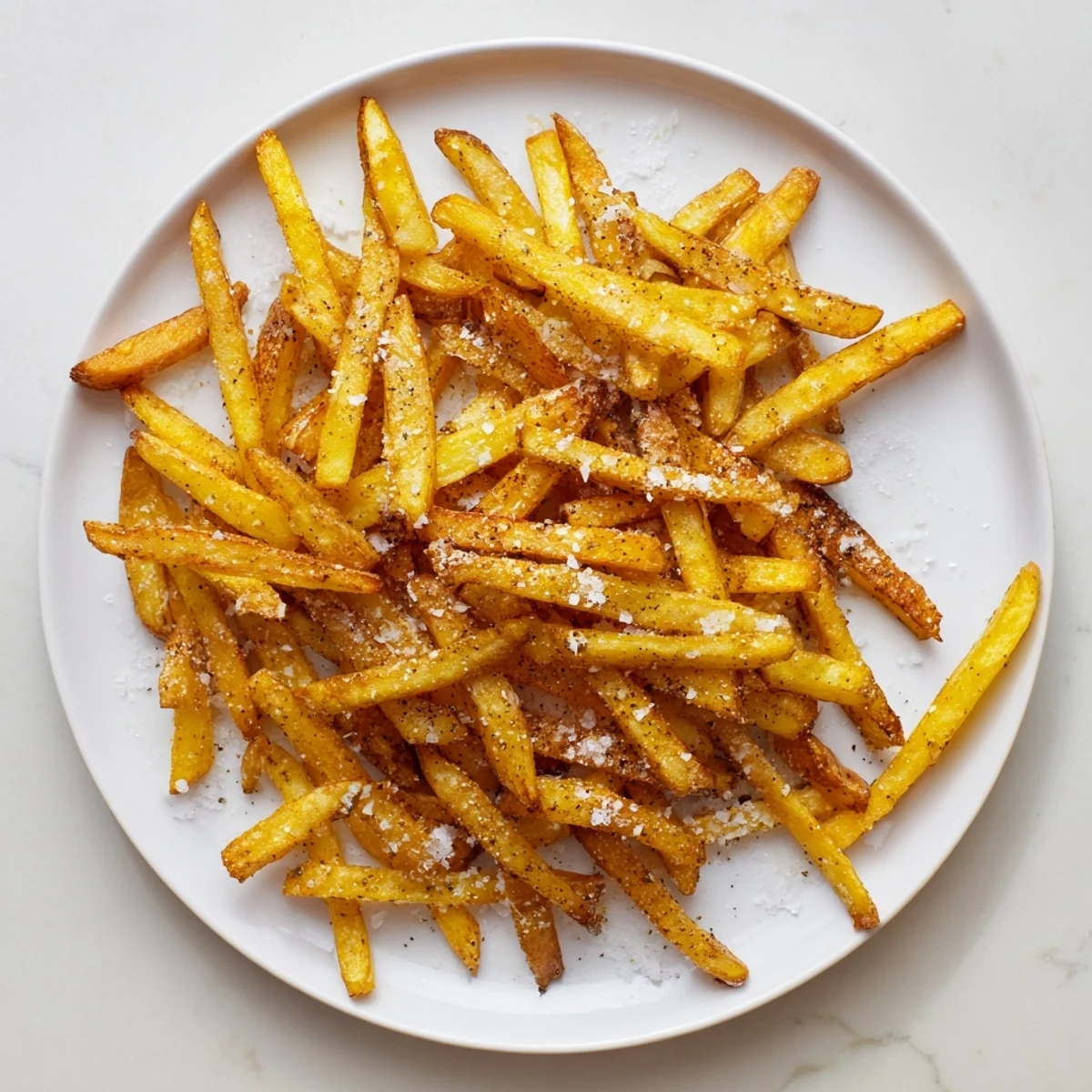 Freshly cooked Crispy Air Fryer French Fries with Sea Salt, golden brown and perfectly seasoned, served hot from the basket.