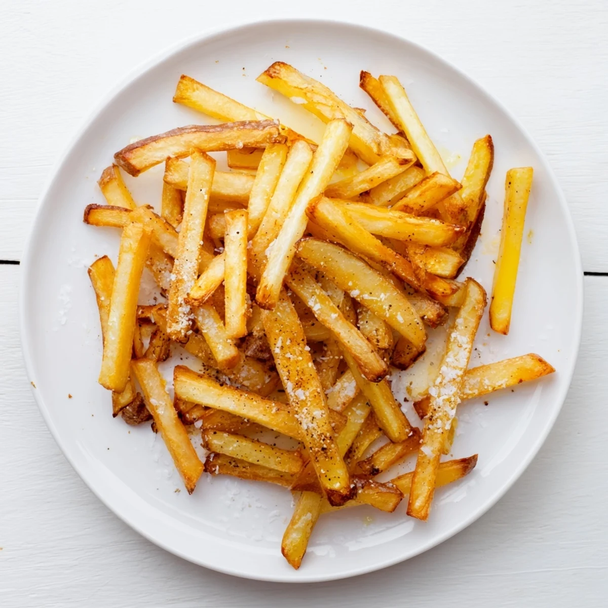 Heaping basket of Crispy Air Fryer French Fries with Sea Salt, tossed in olive oil and garnished with fresh parsley.