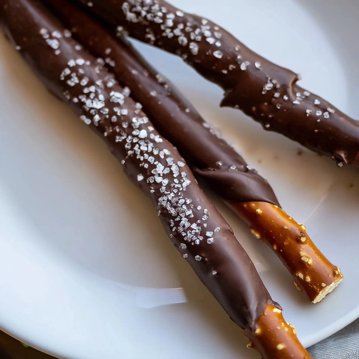 Crispy pretzel rods dipped in silky dark chocolate, topped with flaky sea salt for a sweet and salty treat.