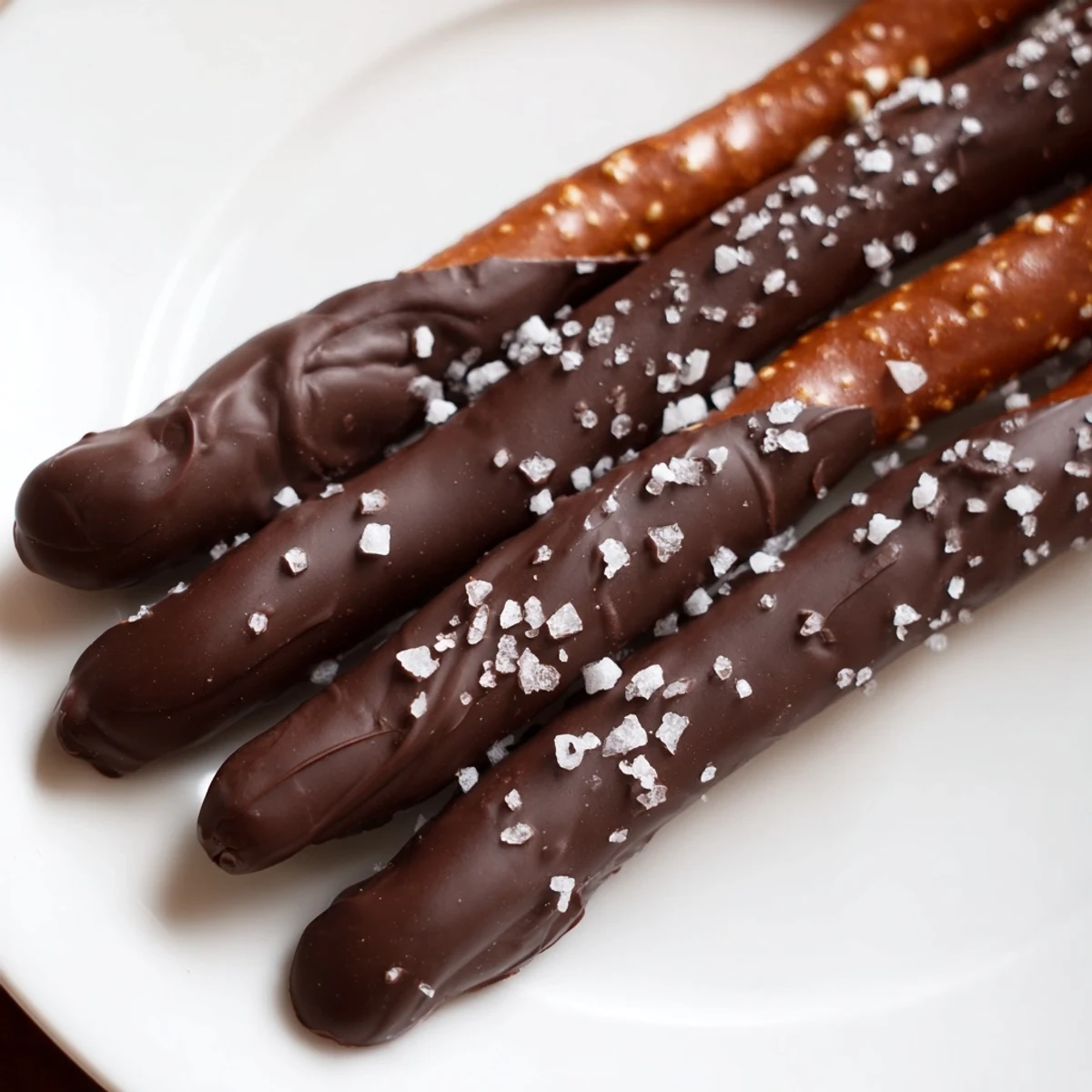 Glossy chocolate-dipped pretzels sprinkled with sea salt on a baking sheet, perfect for party platters or homemade gifts.