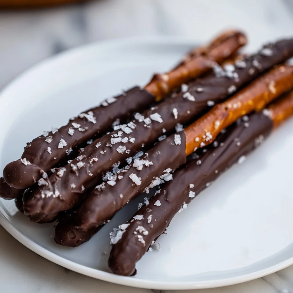 A close-up of pretzel rods coated in melted chocolate, finished with sparkling sea salt for irresistible snacking.