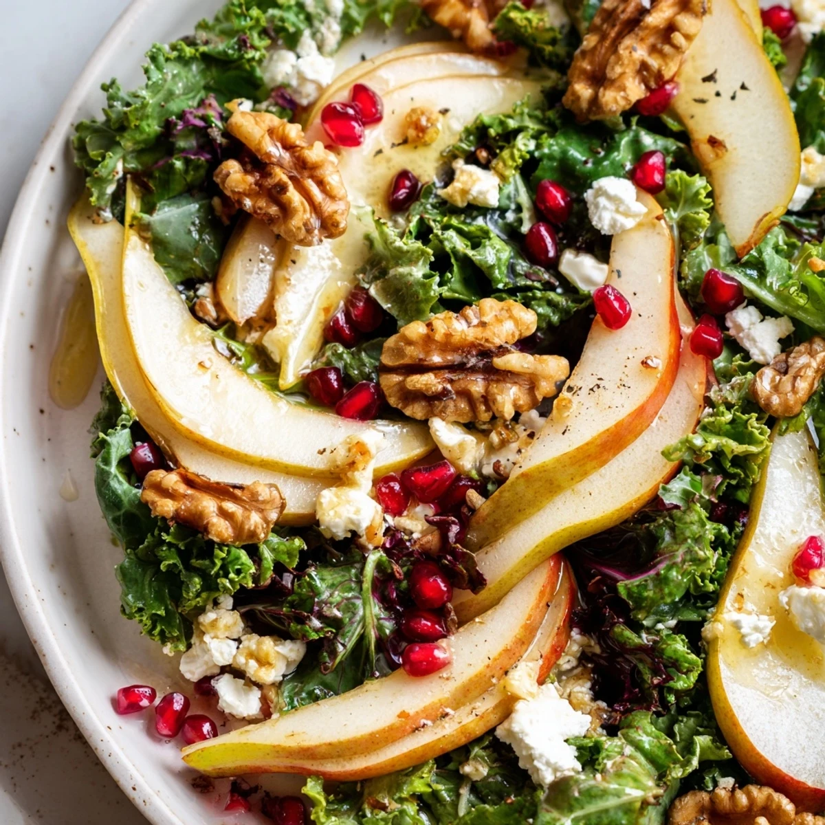 A vibrant bowl of Winter Green Salad with Pear and Walnuts, featuring crisp greens, sweet pear slices, and toasted nuts.