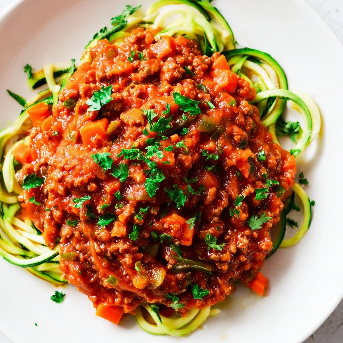 Steaming turkey Bolognese sauce with fresh herbs over tender sautéed zucchini noodles.