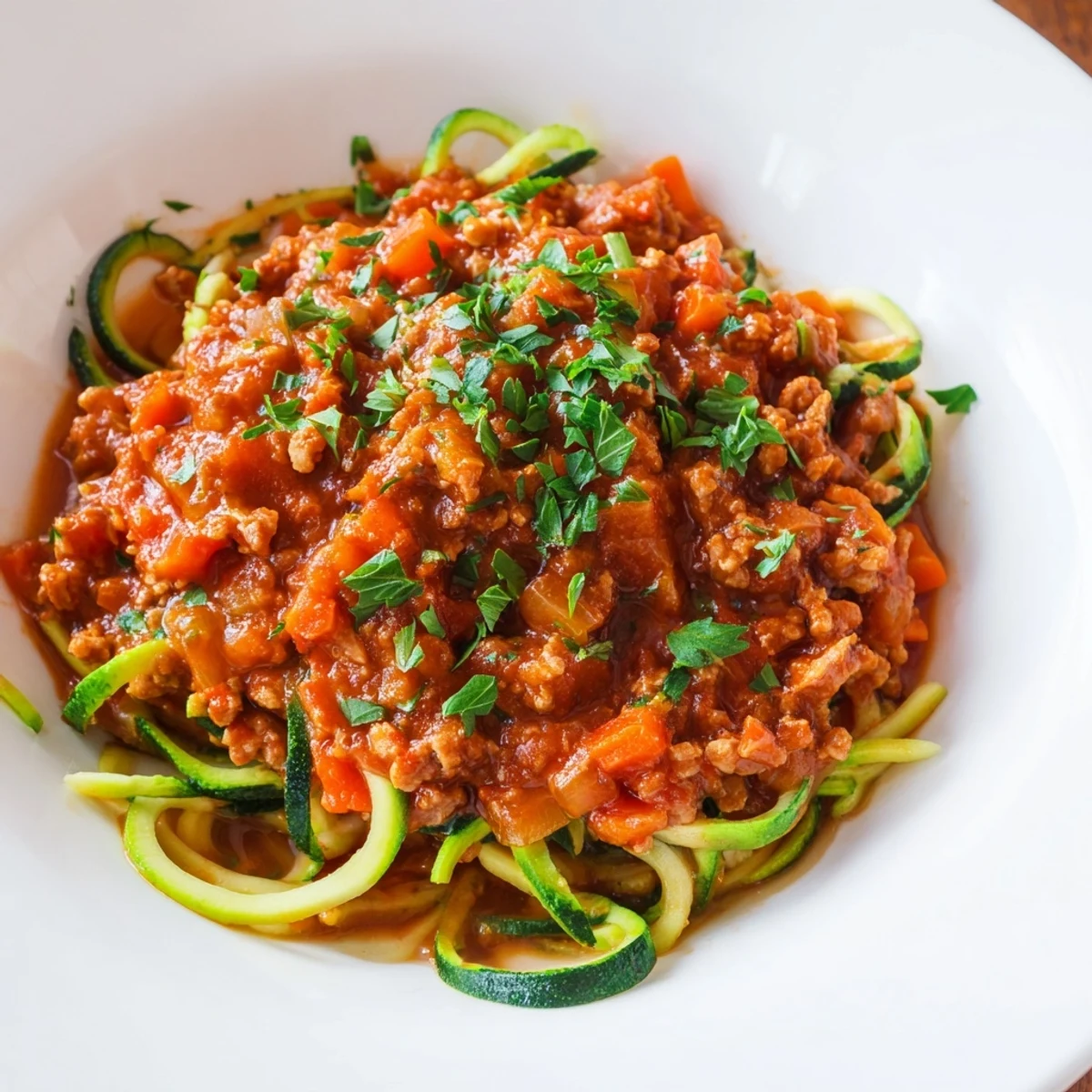 Savory ground turkey simmered in rich tomatoes, served over bright green zucchini spirals.