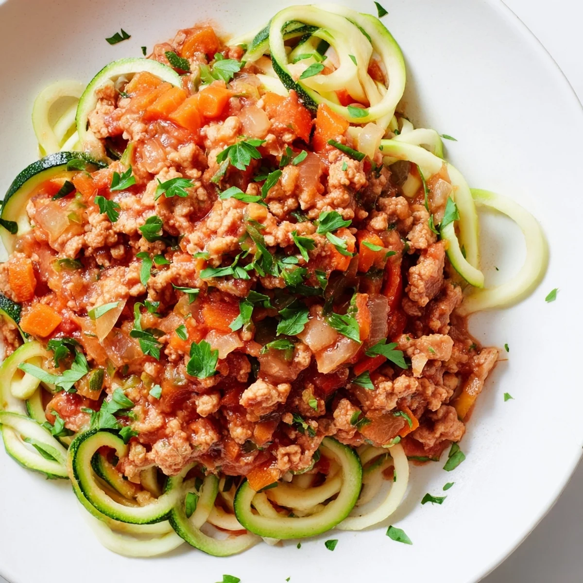 Hearty low-carb meal featuring zucchini noodles topped with saucy, aromatic turkey Bolognese.