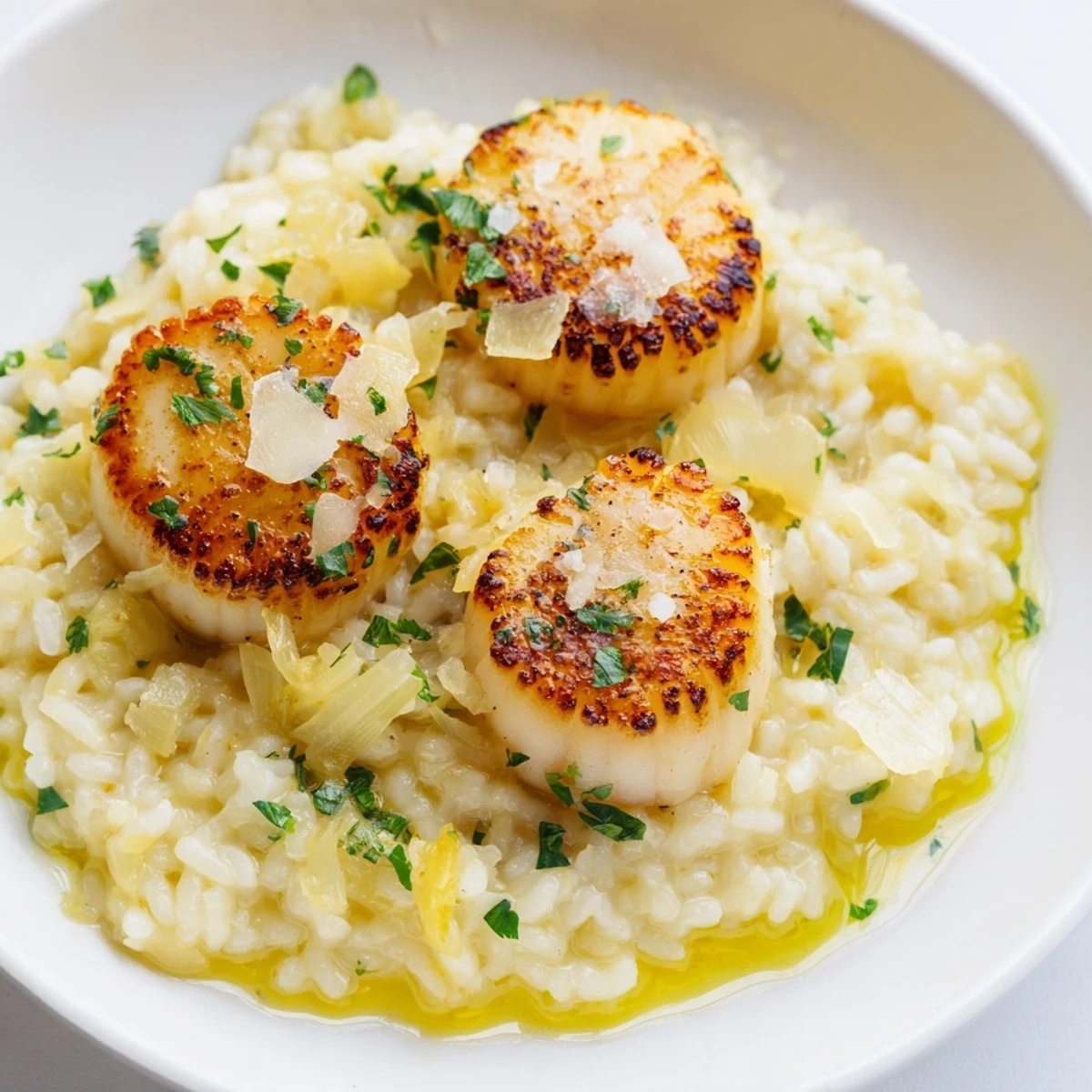Golden-brown Lemon Garlic Scallops with Risotto served on a plate, featuring creamy Parmesan rice and a bright lemon-garlic butter sauce.