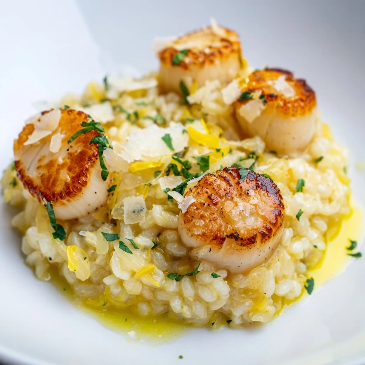 Tender Lemon Garlic Scallops with Risotto, perfectly seared and resting over a bed of rich, al dente rice with fresh parsley garnish.