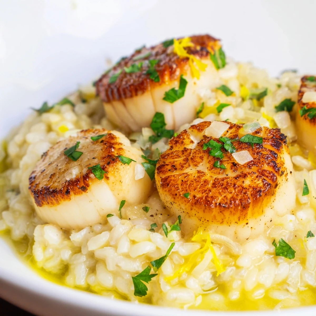 A close-up of Lemon Garlic Scallops with Risotto, highlighting the juicy scallops, lemon zest, and velvety Parmesan texture of the dish.