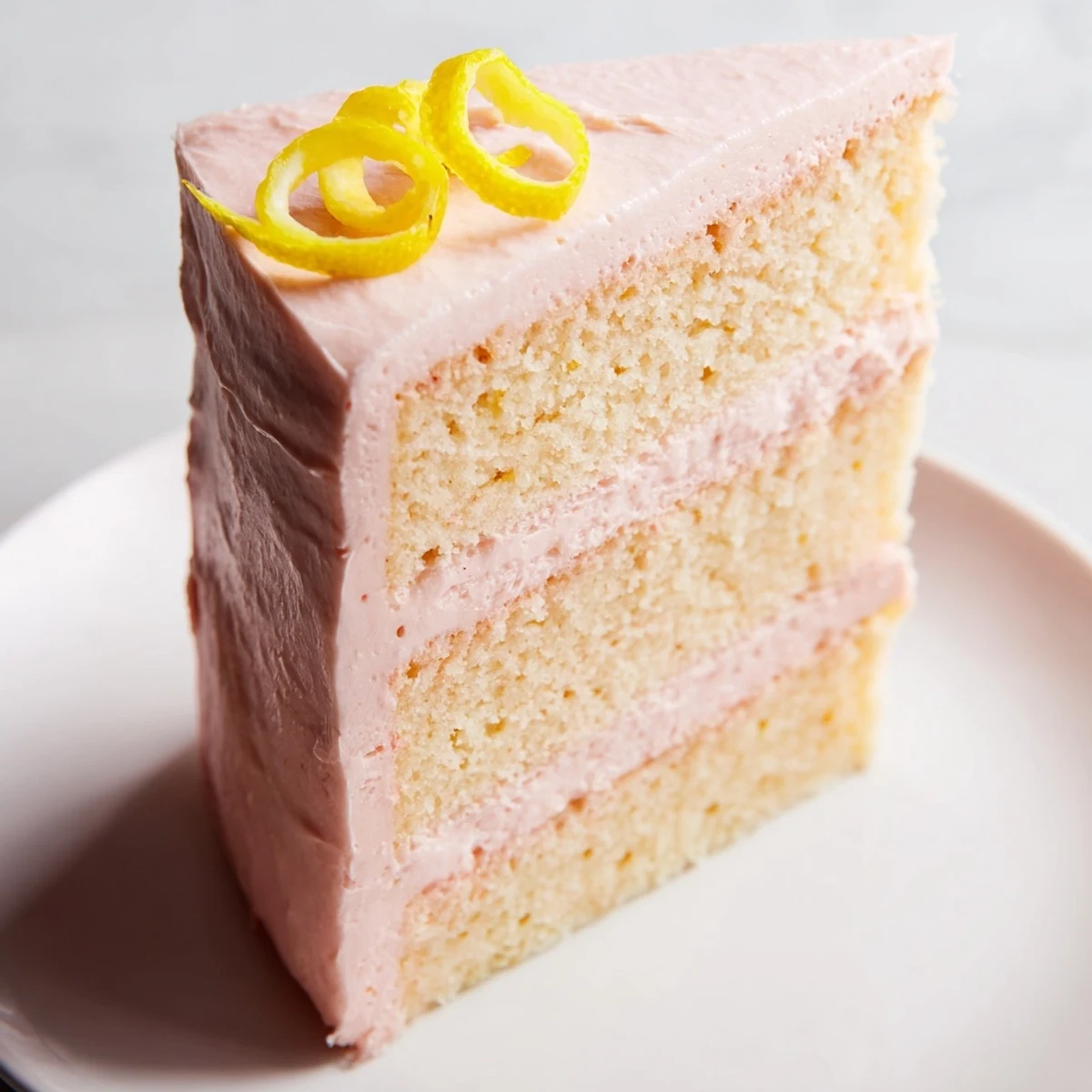 Freshly baked Pink Lemonade Layer Cake with three fluffy sponge layers stacked high, showcasing a vibrant pink hue and ready for frosting assembly.  