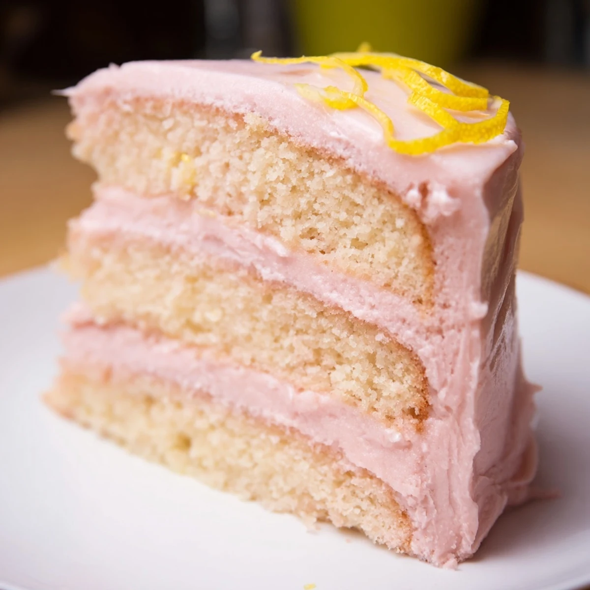 A close-up of the frosted Pink Lemonade Layer Cake highlights glossy lemon buttercream swirls, lemon zest garnish, and a sunny summer table setting.