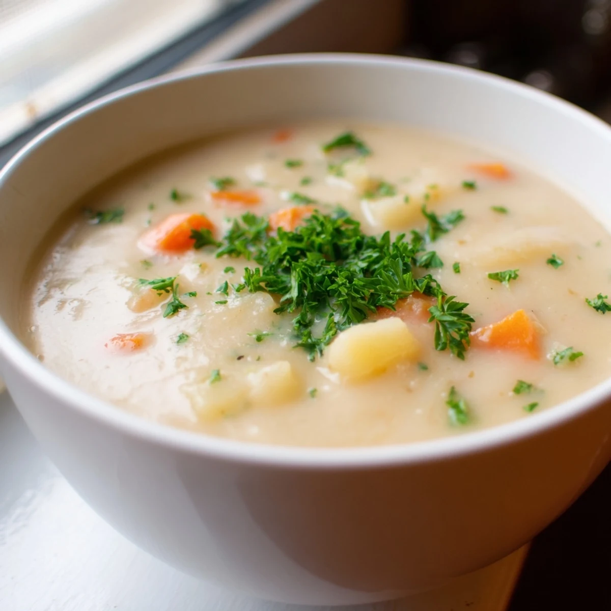 Steaming bowl of Irish Root Soup with Carrots and Parsnips, garnished with parsley and served beside crusty bread.
