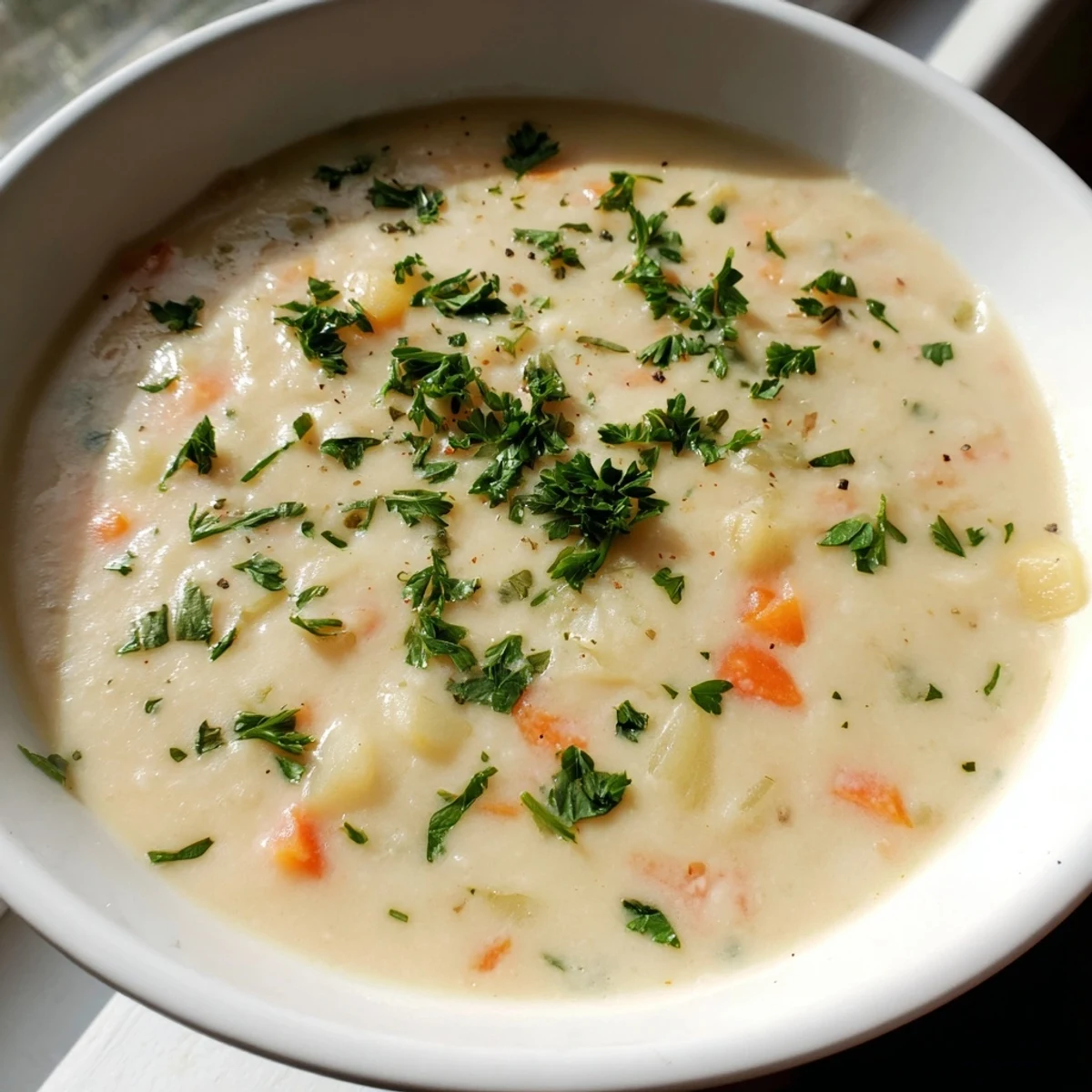 Creamy Irish Root Soup with Carrots and Parsnips in a rustic mug, topped with thyme and fresh cracked pepper.