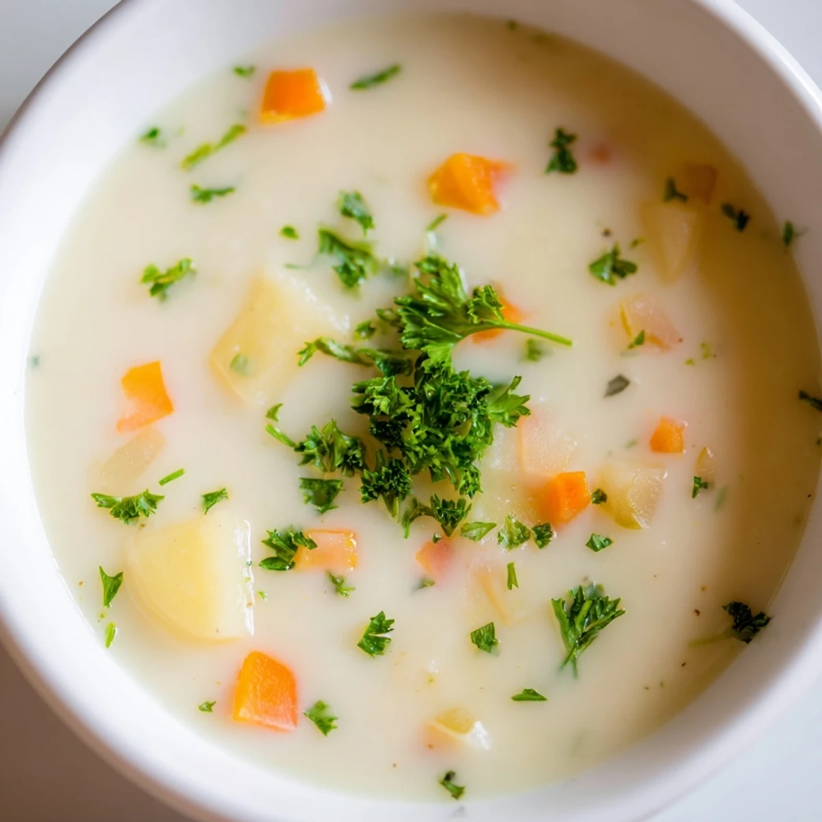 Golden Irish Root Soup with Carrots and Parsnips ladled into a white bowl with a slice of bread.