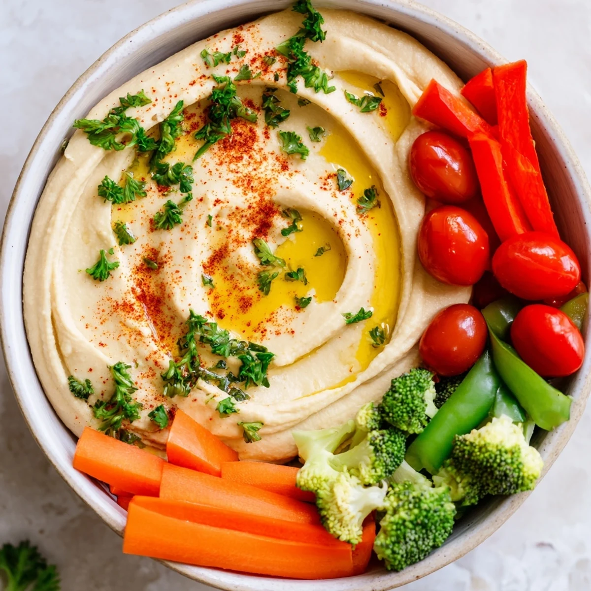 Freshly blended hummus sits at the center of the Touchdown Veggie Platter, surrounded by bright cherry tomatoes, celery sticks, and broccoli florets.