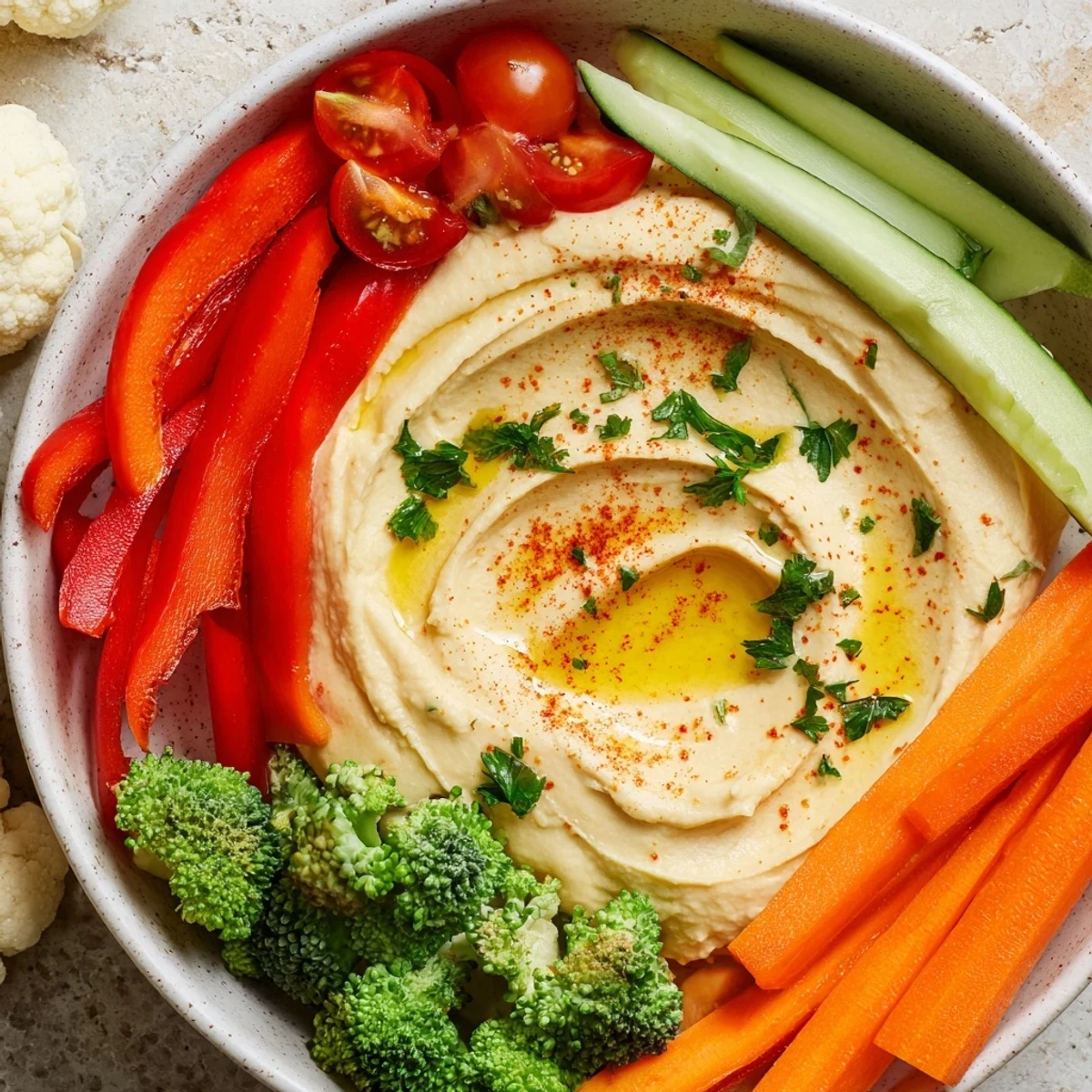 A top-down view of the Touchdown Veggie Platter with Hummus featuring colorful snap peas and cauliflower florets ready for game day snacking.