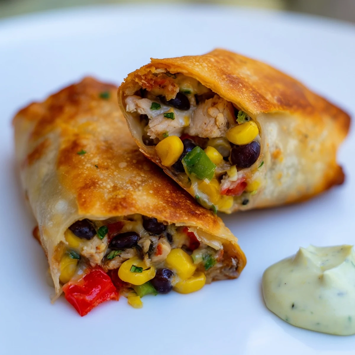 Golden brown Southwest egg rolls on a platter, served with creamy avocado ranch dip for a Super Bowl party.