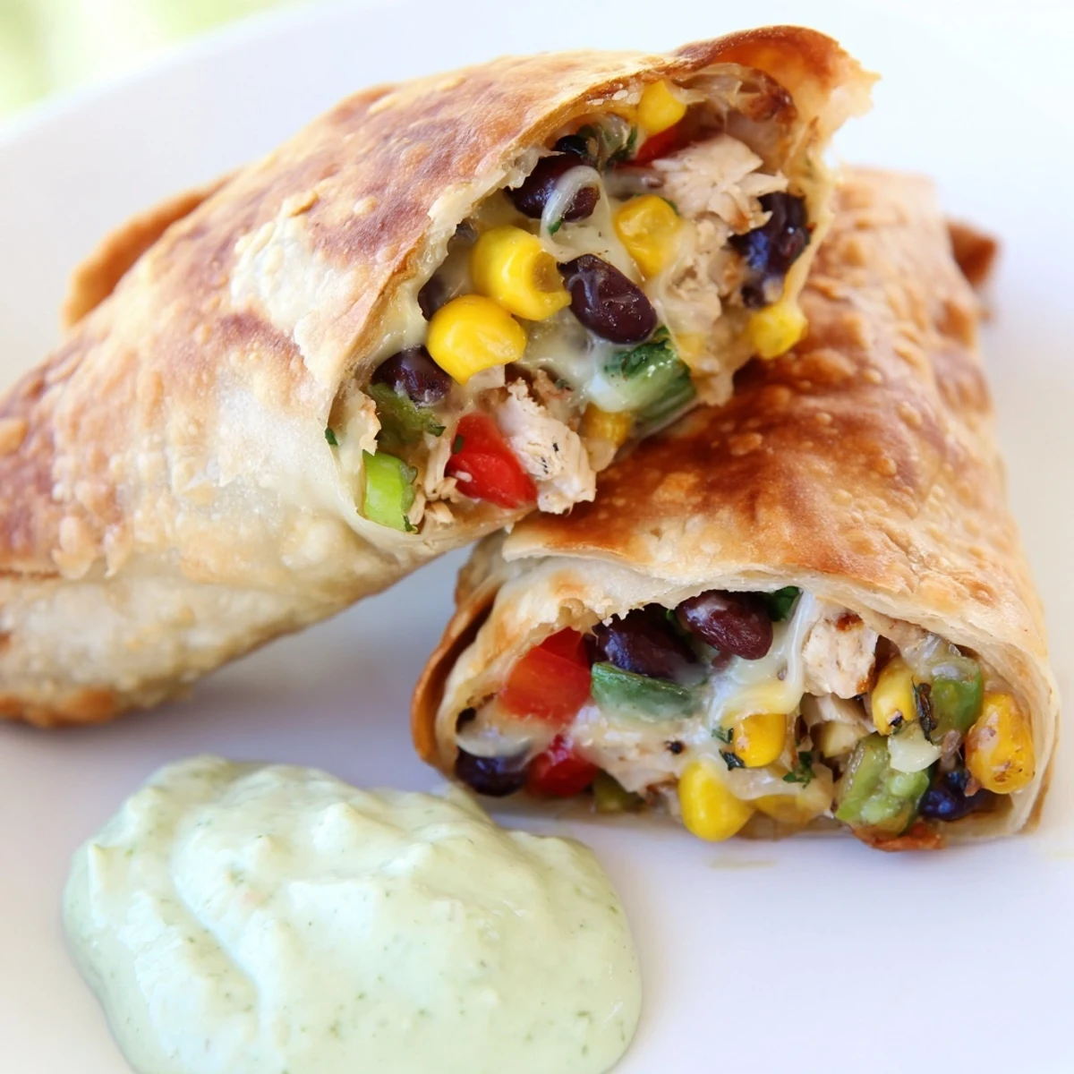 Golden brown Southwest egg rolls on a platter, served with creamy avocado ranch dip for a Super Bowl party.