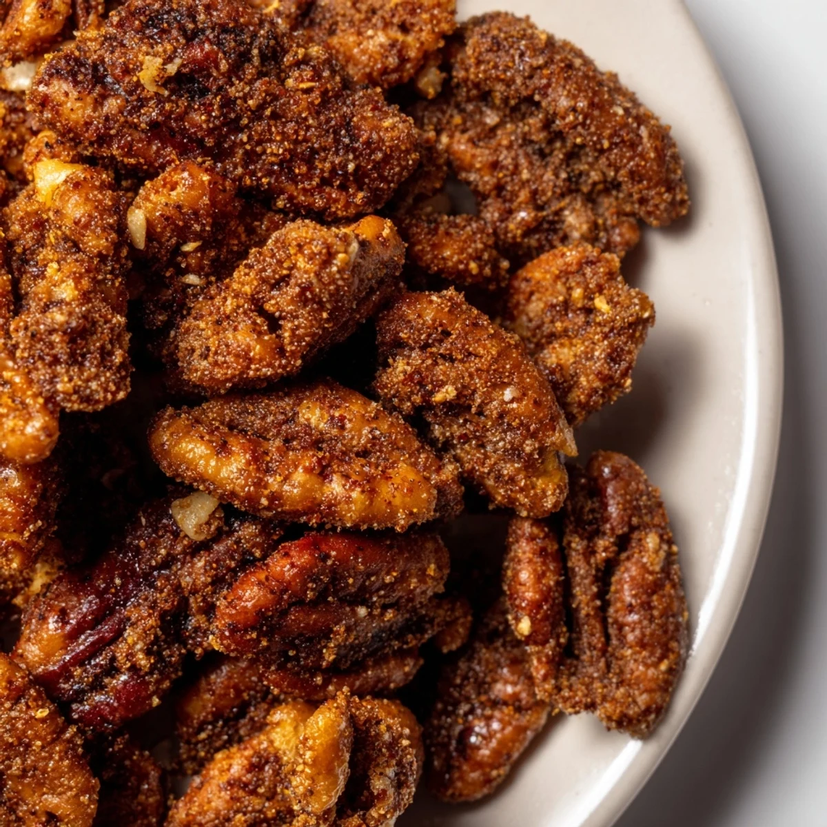 Golden-brown Cajun Spiced Pecans arranged in a rustic bowl, showing the dark, savory coating glistening in warm light.