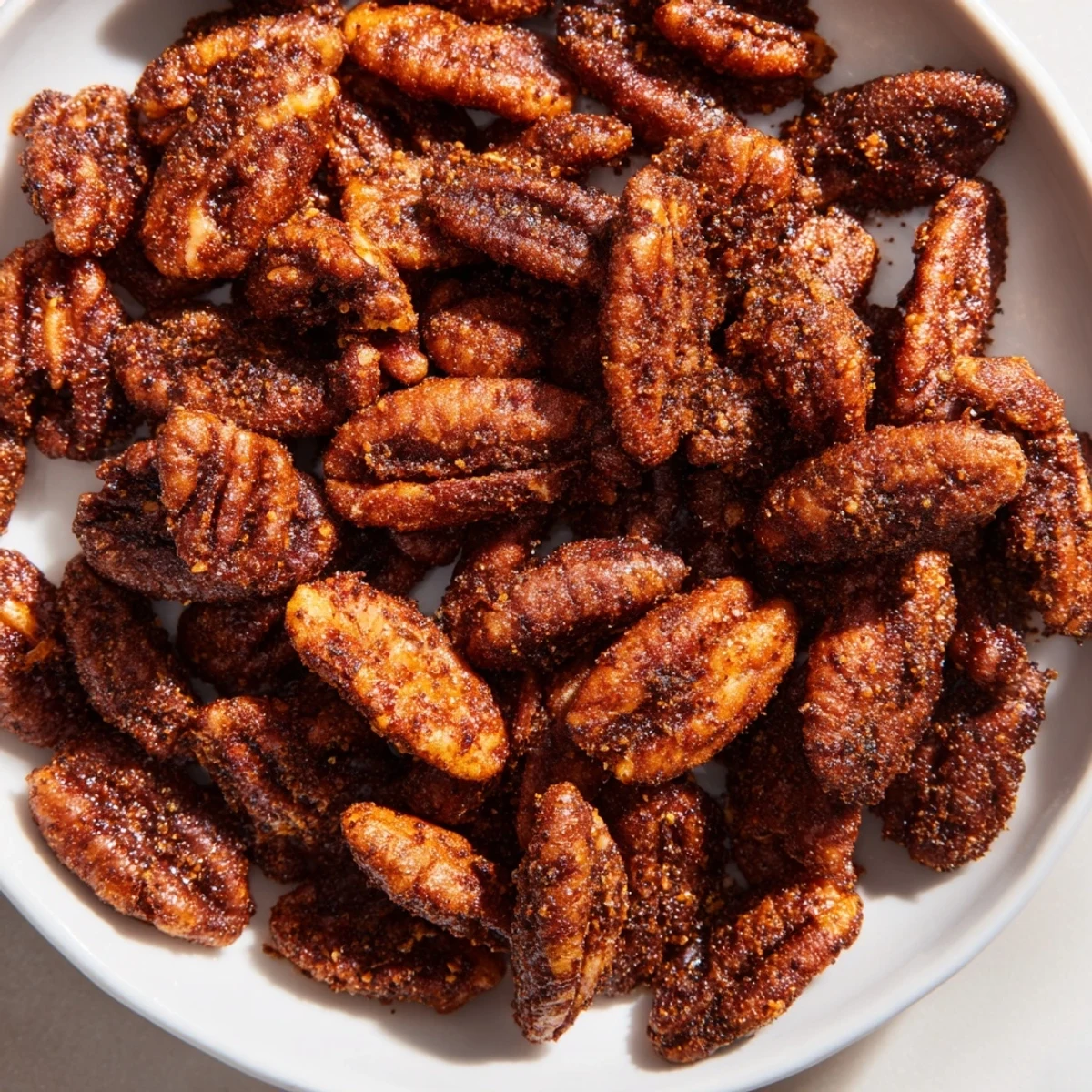 A handful of Cajun Spiced Pecans scattered beside a fresh garden salad, ready for a savory Southern-inspired snack.