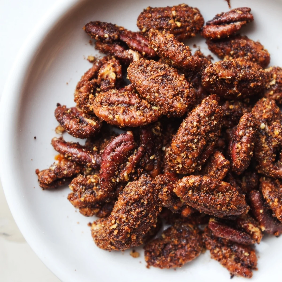 Close-up view of Cajun Spiced Pecans on a baking sheet, highlighting the crunchy texture and flecks of paprika and herbs.