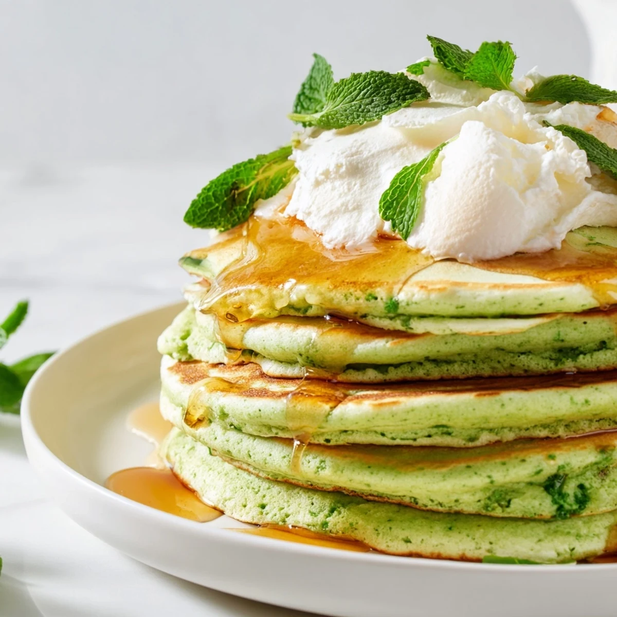 A stack of shamrock green pancakes with maple syrup and fresh mint garnish.