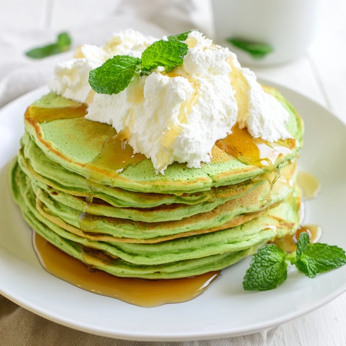 Vibrant green pancakes with maple syrup drizzle on a white plate for St. Patrick's Day.