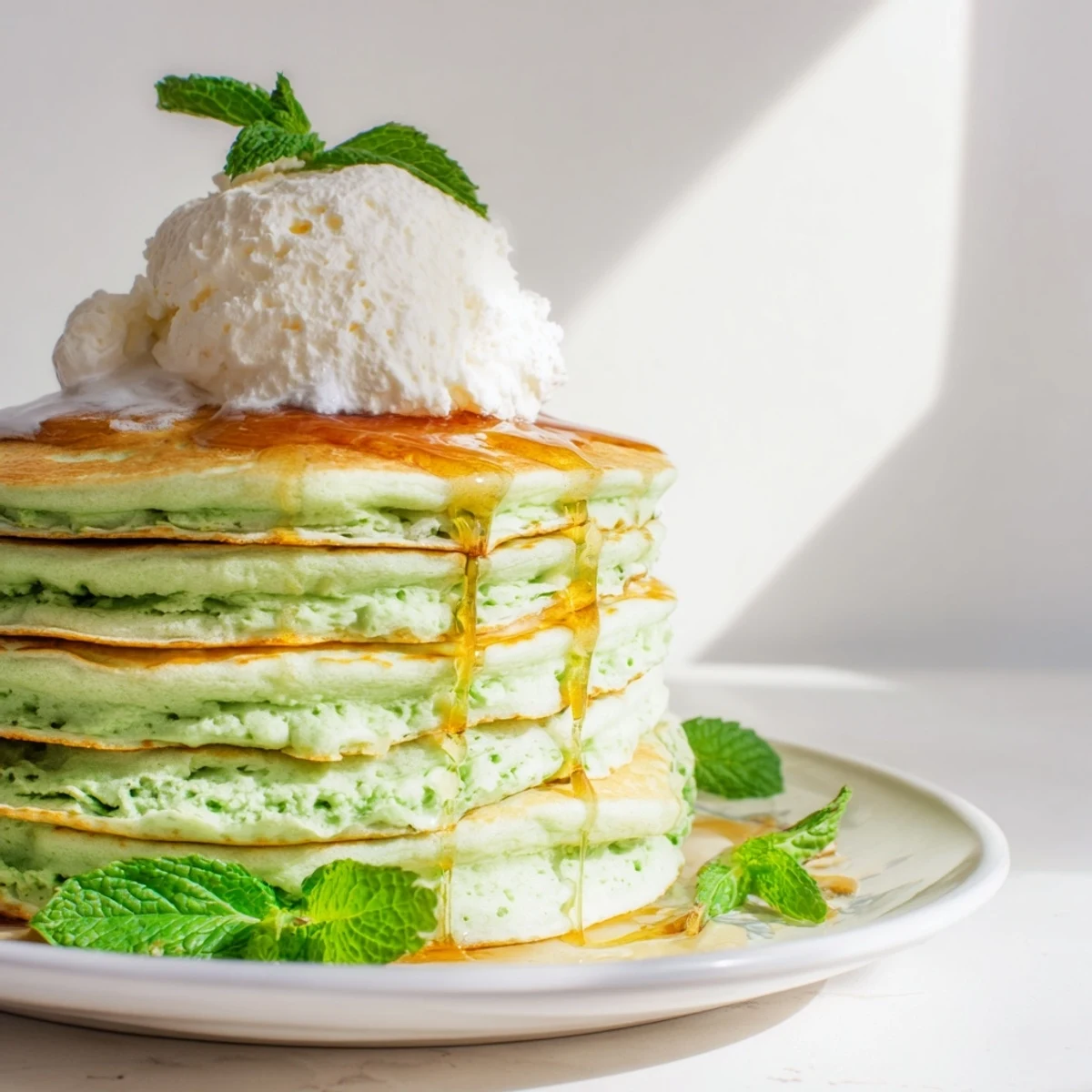 Shamrock green pancakes topped with whipped cream and mint, ready for a festive breakfast.
