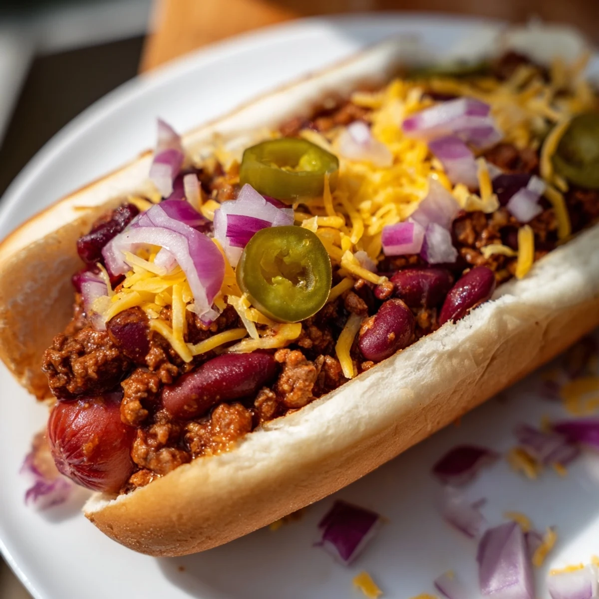 Juicy beef franks loaded with hearty chili and colorful toppings at a vibrant Tailgate Chili Dog Bar for game day.