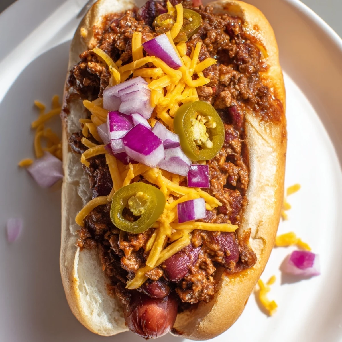 Build-your-own Tailgate Chili Dog Bar setup with bowls of chili, cheese, onions, and condiments, perfect for easy serving at gatherings.