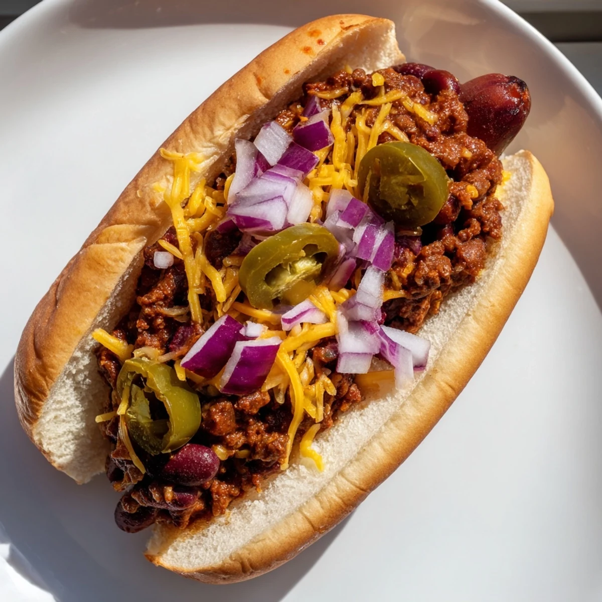 Steaming chili ladled over grilled beef franks in soft buns, topped with cheddar, jalapeños, and mustard on a crowded tailgate table.